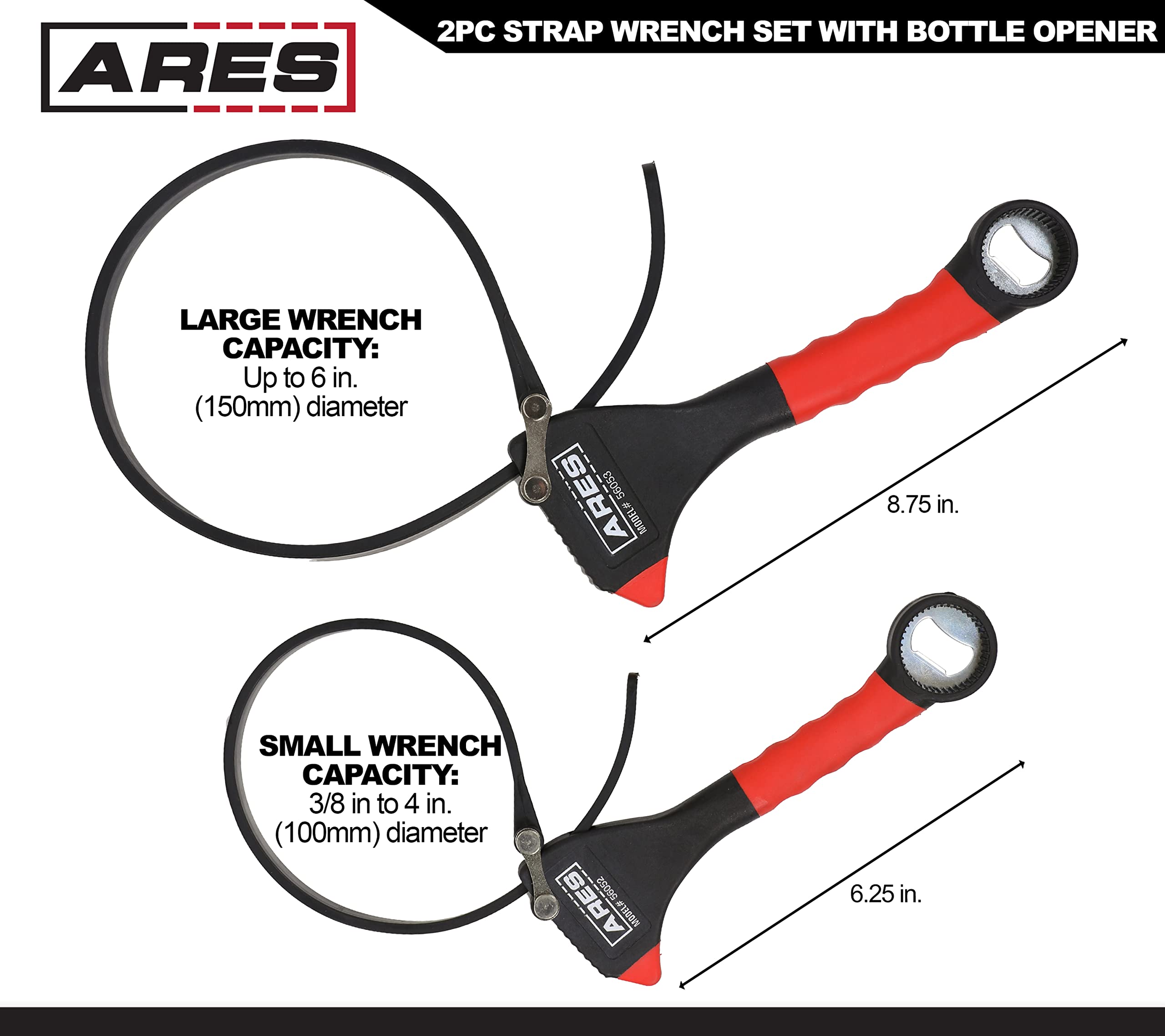 ARES 56034-2-Piece Rubber Strap Oil Filter Wrench Set - Adjustable Up to 4-inch and 6-inch Diameter - Non-Marring Slip Resistant Strap Wrench - Ergonomic TPR Handles