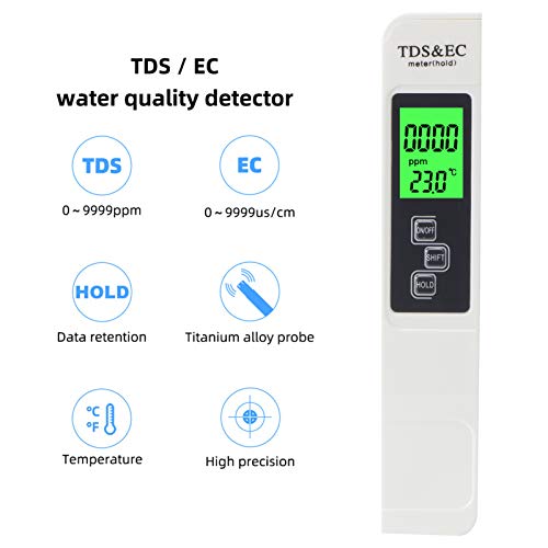 Hyuduo Water Quality Tester, 0-9999PPM Measurement Range, TDS/EC/Temp Fish Drinking Water Monitor Pen,PH Water Quality/Temperature Hygrometer