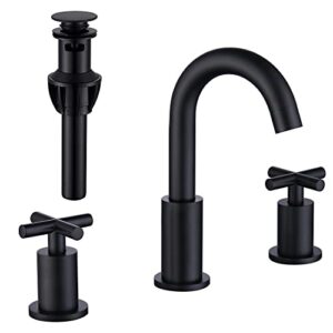 black 8 inches 2 handle widespread bathroom faucet, 3 hole bathroom faucet matte black with valve and pop-up drain assembly by childano, ch2133bk