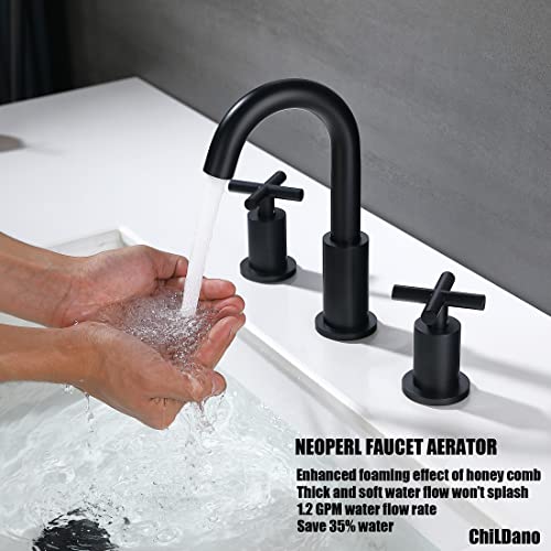 Black 8 Inches 2 Handle Widespread Bathroom Faucet, 3 Hole Bathroom Faucet Matte Black with Valve and Pop-Up Drain Assembly by ChiLDano, CH2133BK