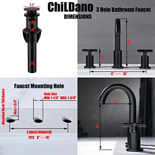 Black 8 Inches 2 Handle Widespread Bathroom Faucet, 3 Hole Bathroom Faucet Matte Black with Valve and Pop-Up Drain Assembly by ChiLDano, CH2133BK