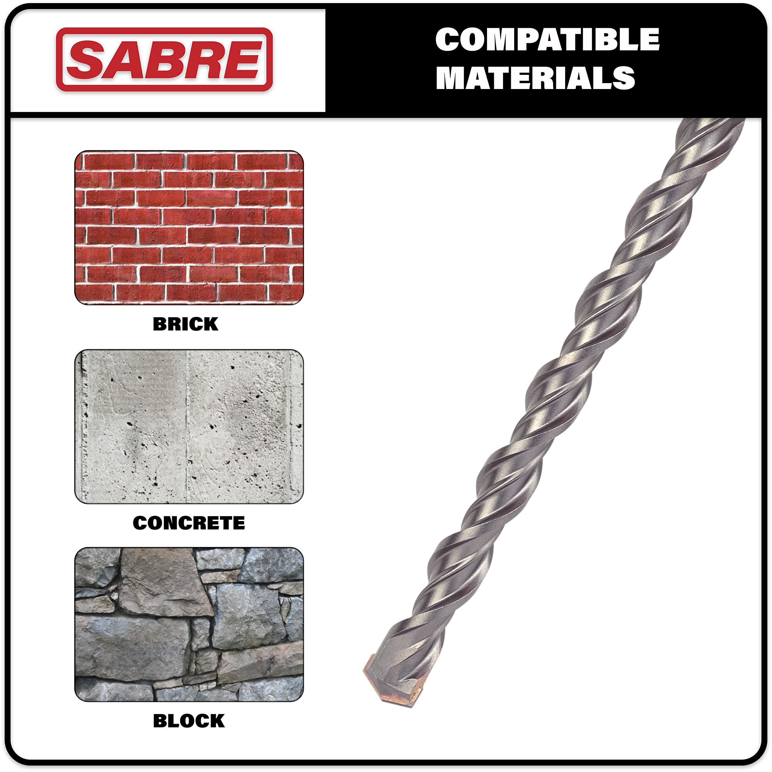 Sabre Tools 1/2 Inch x 12 Inch SDS Plus Rotary Hammer Drill Bit, Carbide Tipped for Brick, Stone, and Concrete Version 2 (1/2" x 10" x 12")
