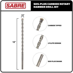 Sabre Tools 1/2 Inch x 12 Inch SDS Plus Rotary Hammer Drill Bit, Carbide Tipped for Brick, Stone, and Concrete Version 2 (1/2" x 10" x 12")