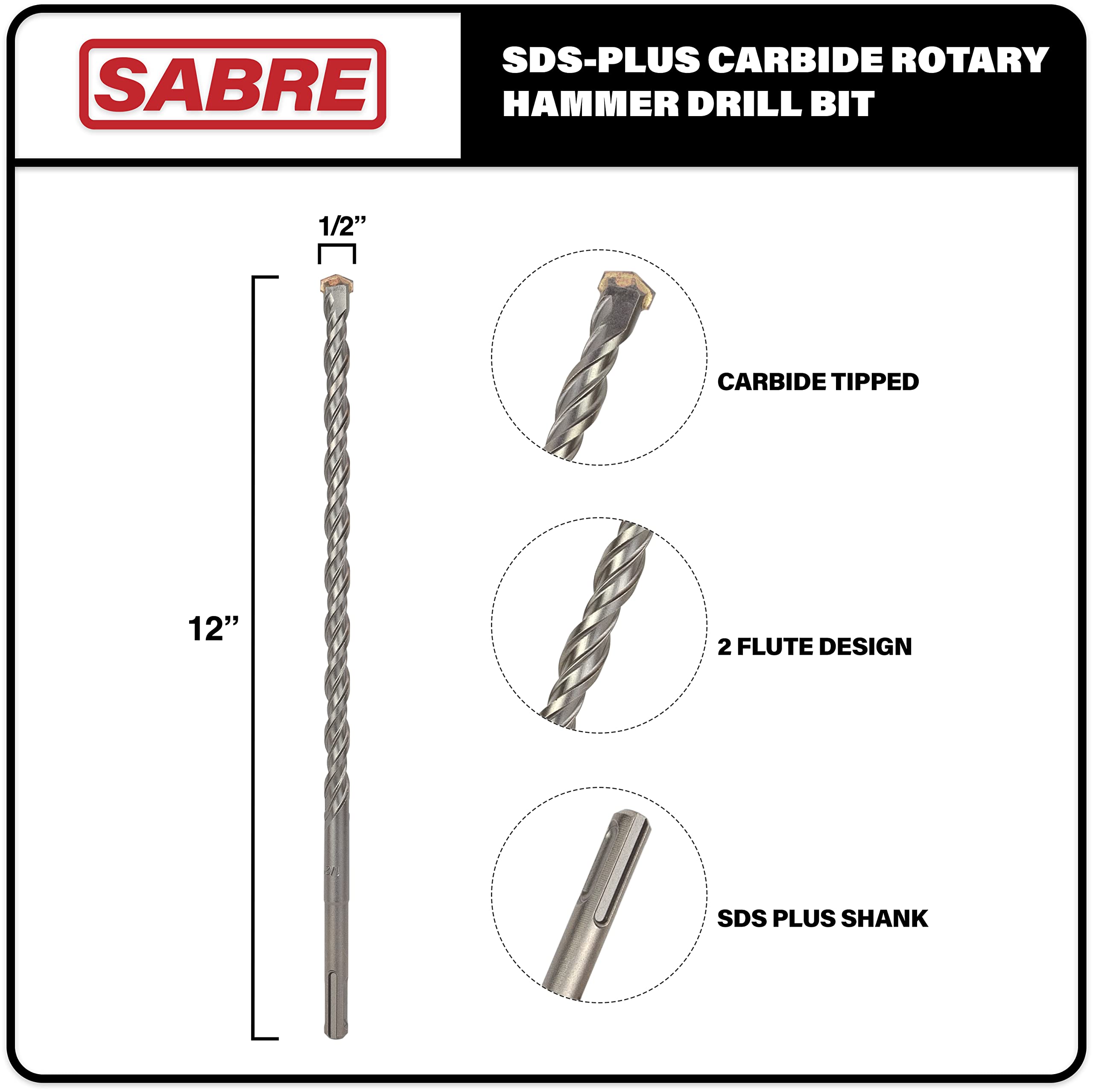 Sabre Tools 1/2 Inch x 12 Inch SDS Plus Rotary Hammer Drill Bit, Carbide Tipped for Brick, Stone, and Concrete Version 2 (1/2" x 10" x 12")