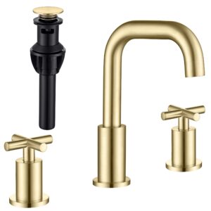 8 inches widespread bathroom faucet brushed gold, 2 handle brass bathroom faucets for sink 3 hole with valve and pop-up drain assembly by childano, ch3163bg