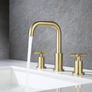 8 Inches Widespread Bathroom Faucet Brushed Gold, 2 Handle Brass Bathroom Faucets for Sink 3 Hole with Valve and Pop-Up Drain Assembly by ChiLDano, CH3163BG