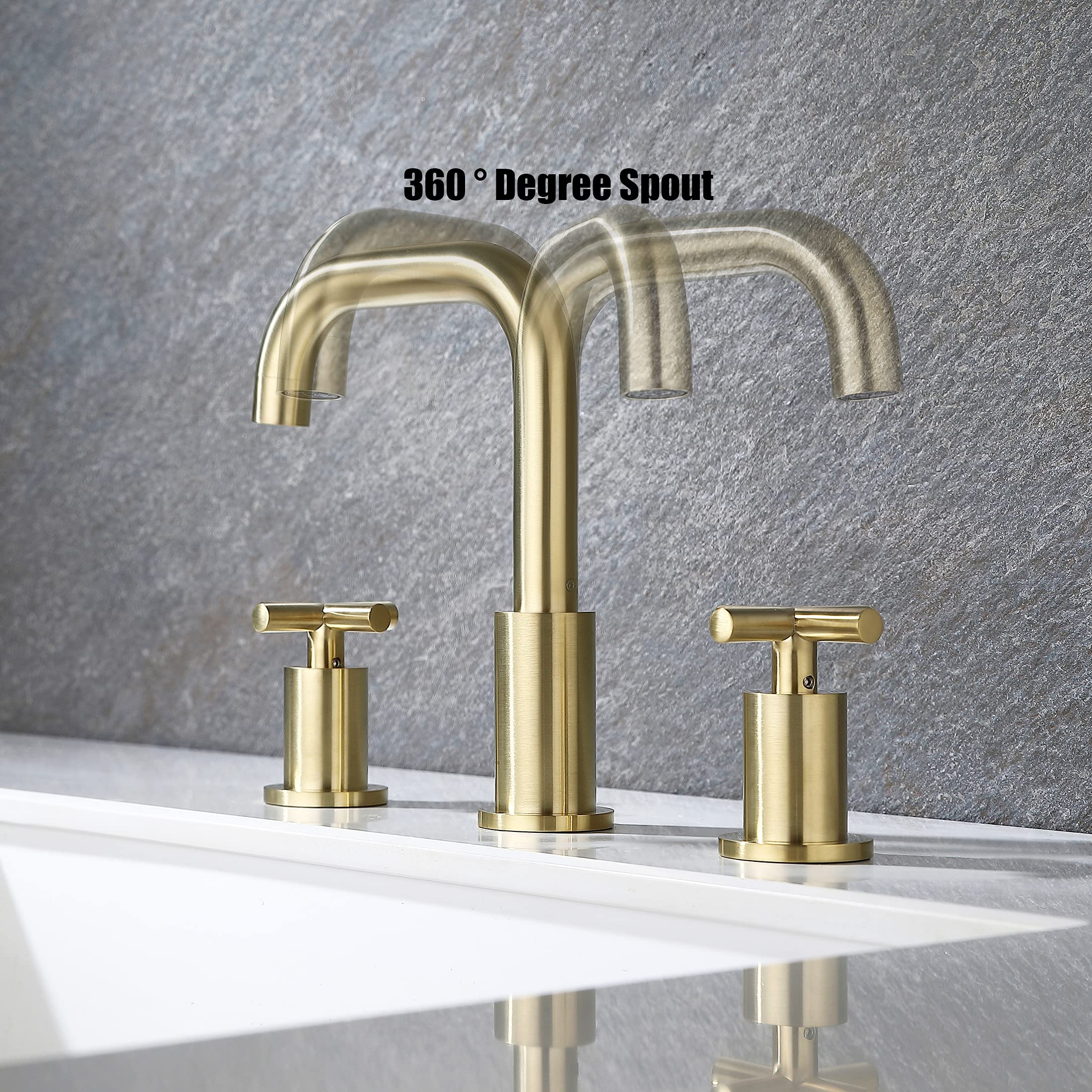 8 Inches Widespread Bathroom Faucet Brushed Gold, 2 Handle Brass Bathroom Faucets for Sink 3 Hole with Valve and Pop-Up Drain Assembly by ChiLDano, CH3163BG