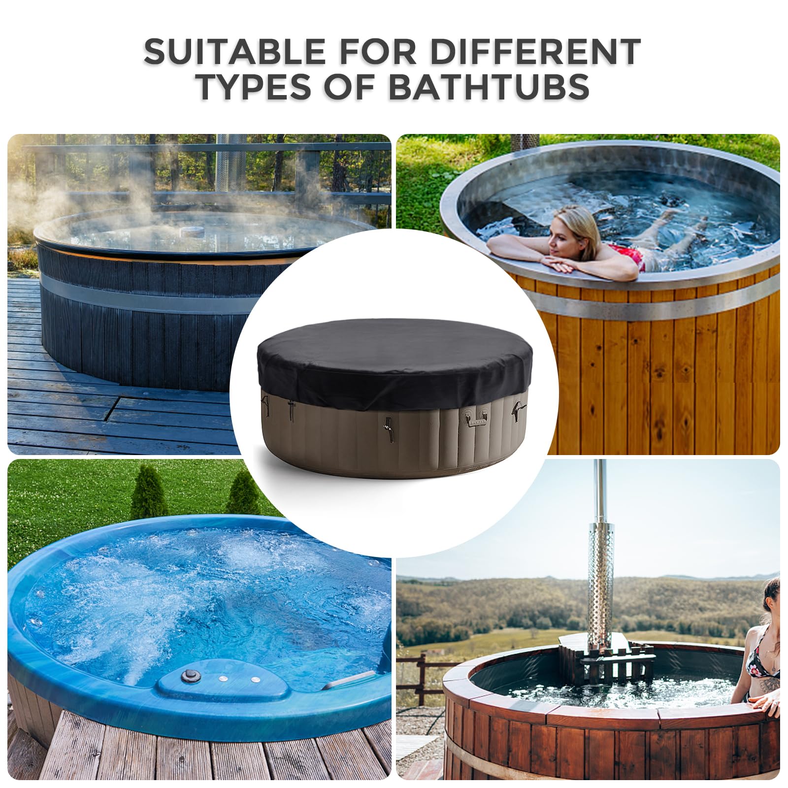 Round Hot Tub Cover 420D Polyester Waterproof Spa Covers for Hot Tub Replacement Outdoor Patio Hot Tub Protector (75" Dx12 H, Black)