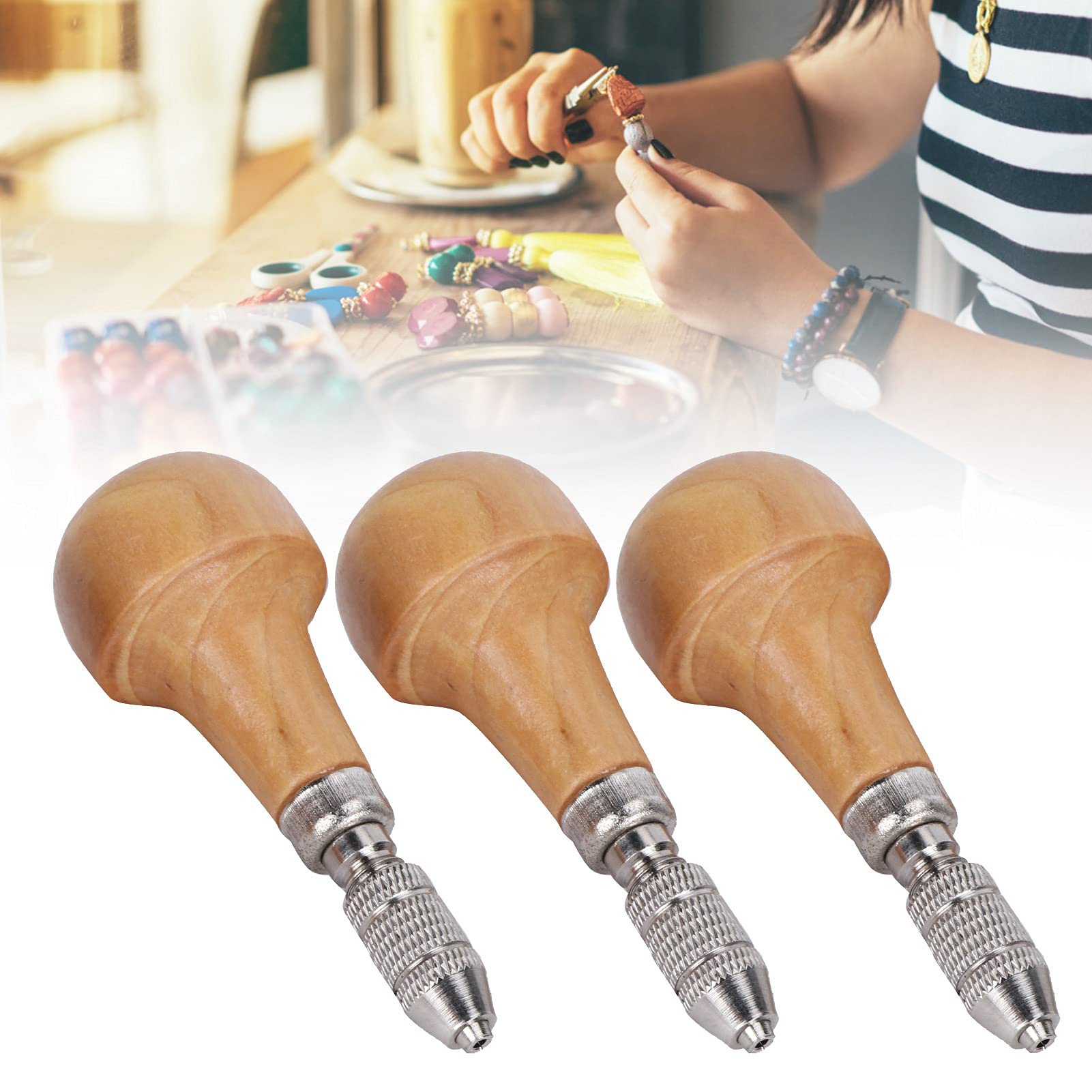 3 Set Hand Chucks Jewelry Making Pin Vise Wooden Handles Pear Shape Graver Handle Pin Vise Hand Drill Wooden Handle for Stone Setting Graver Replacement