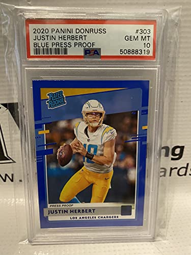 PSA Gem Mint 10 2020 Panini Donruss Justin Herbert Blue Press Proof Rated Rookie Card