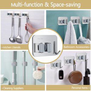 HUOWUSS Broom Mop Holder, 3PCS Sturdy Broom Holder Wall Mount, 304 Metal Stainless Steel Broom Holder and Storage, Utility Storage Rack Heavy Duty Tools Hanger for Home Office Closet & Garden