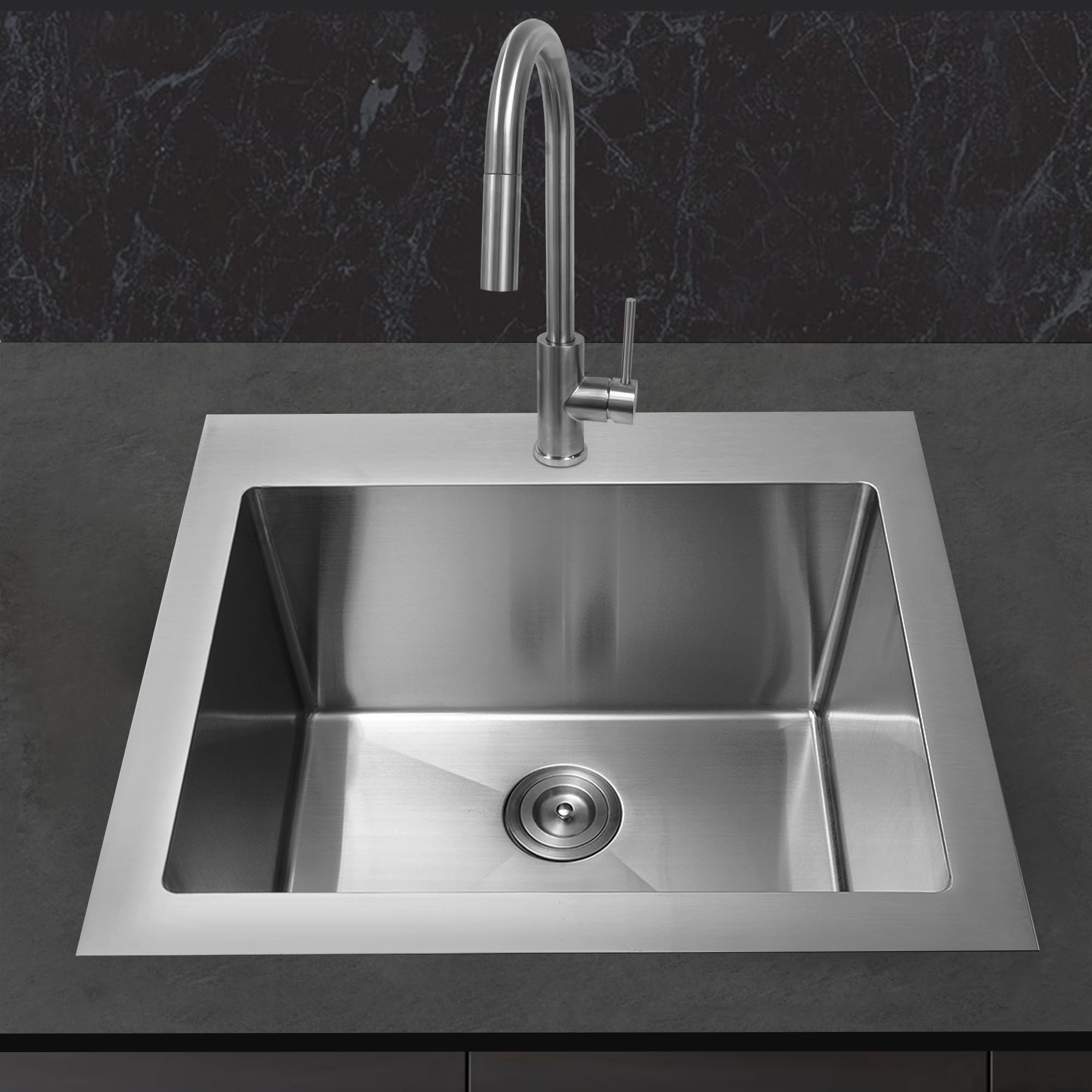 KABCO KLA01SS 25 Inch Wide 12 Inch Deep Commercial Sink 18 Gauge Undermount or Topmount Drop In Single Bowl Stainless Steel Laundry Utility Sink with Kitchen Sink Strainer 25x22x12 Inch