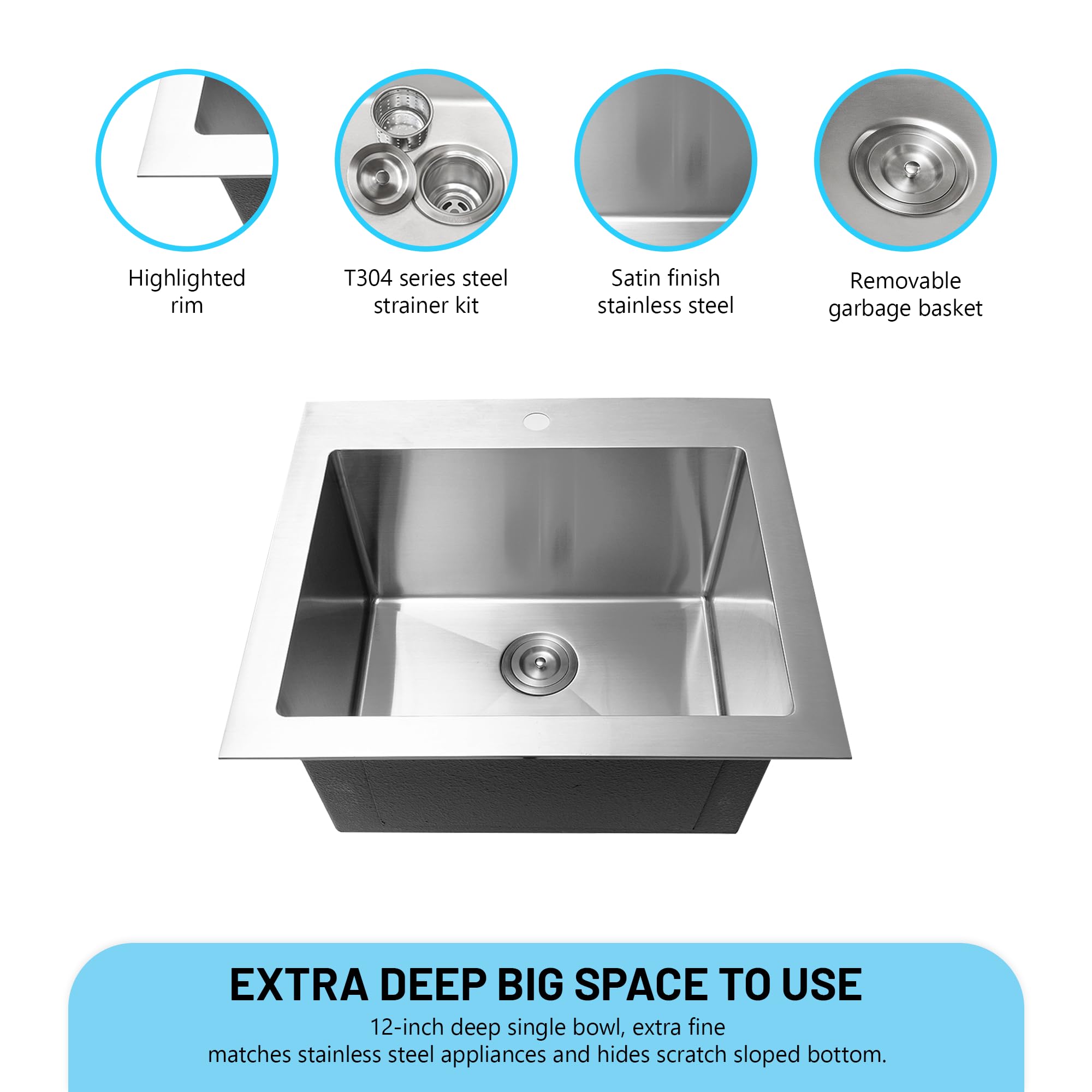 KABCO KLA01SS 25 Inch Wide 12 Inch Deep Commercial Sink 18 Gauge Undermount or Topmount Drop In Single Bowl Stainless Steel Laundry Utility Sink with Kitchen Sink Strainer 25x22x12 Inch