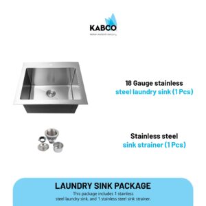 KABCO KLA01SS 25 Inch Wide 12 Inch Deep Commercial Sink 18 Gauge Undermount or Topmount Drop In Single Bowl Stainless Steel Laundry Utility Sink with Kitchen Sink Strainer 25x22x12 Inch