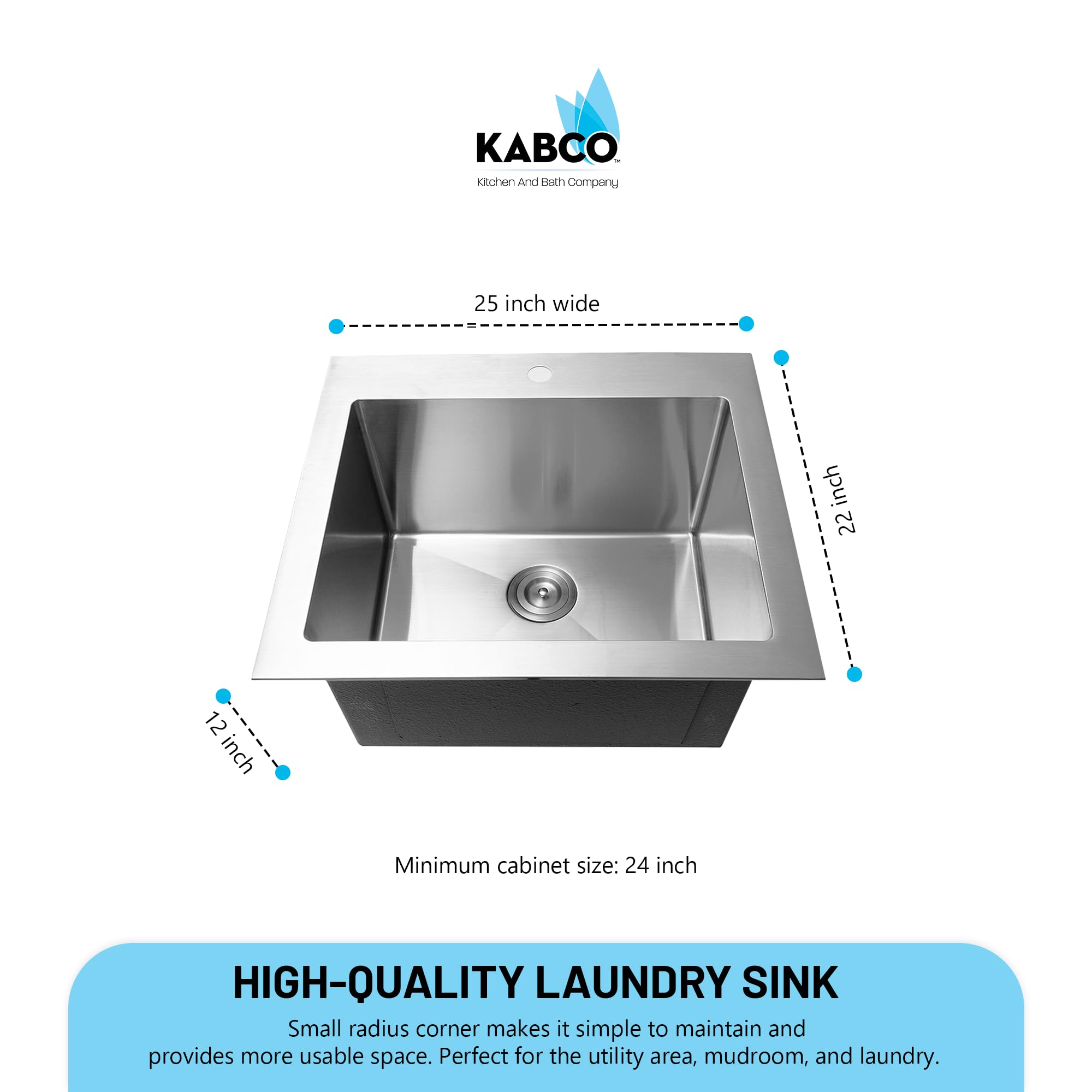 KABCO KLA01SS 25 Inch Wide 12 Inch Deep Commercial Sink 18 Gauge Undermount or Topmount Drop In Single Bowl Stainless Steel Laundry Utility Sink with Kitchen Sink Strainer 25x22x12 Inch