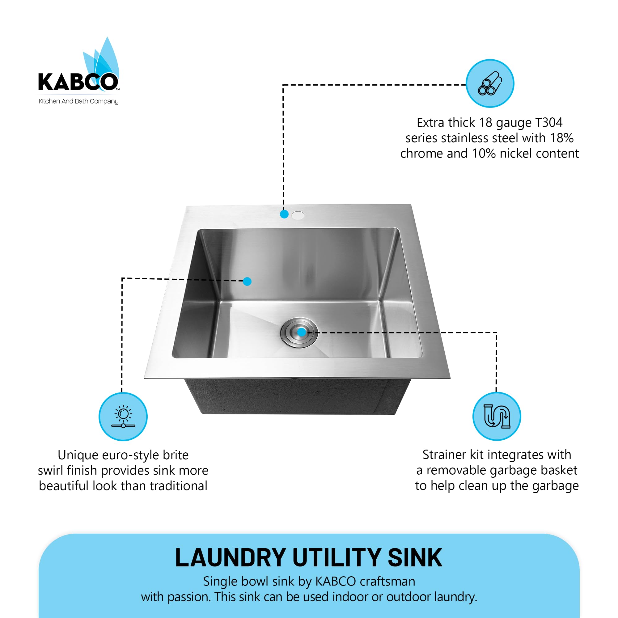 KABCO KLA01SS 25 Inch Wide 12 Inch Deep Commercial Sink 18 Gauge Undermount or Topmount Drop In Single Bowl Stainless Steel Laundry Utility Sink with Kitchen Sink Strainer 25x22x12 Inch