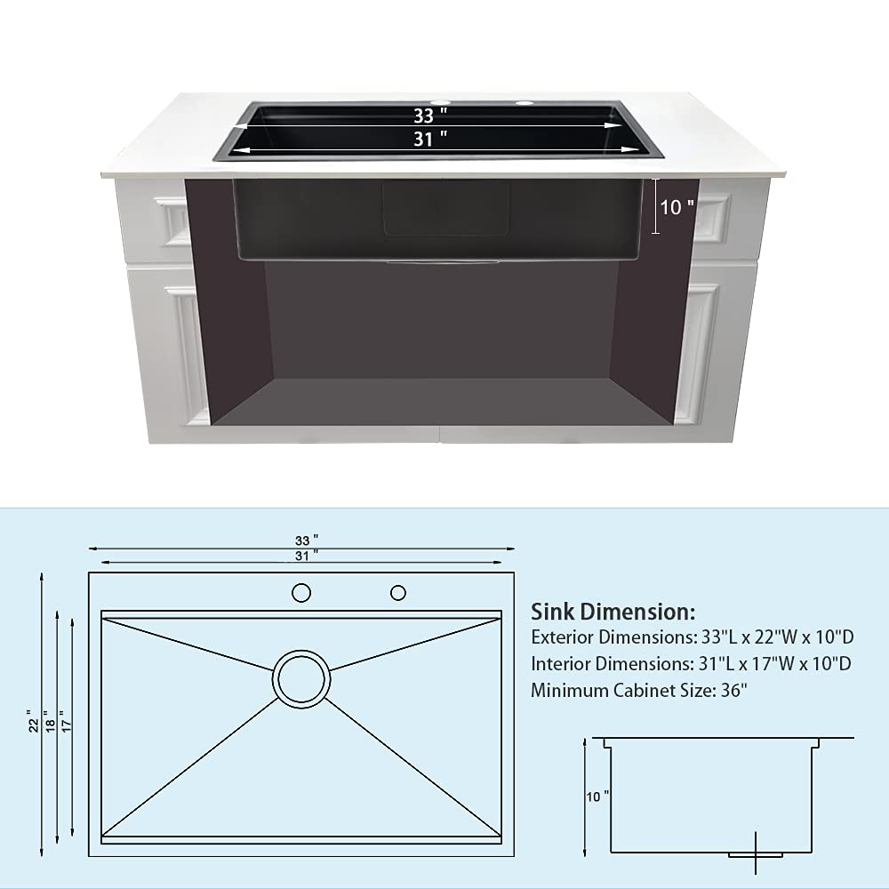 33x22 Black Drop In Kitchen Sink Workstation-WMXQX 33 Inch Drop In Kitchen Sink Black Top Mount Sinks 16 Gauge Stainless Steel Single Bowl Deep Kitchen Sink with Cutting Board