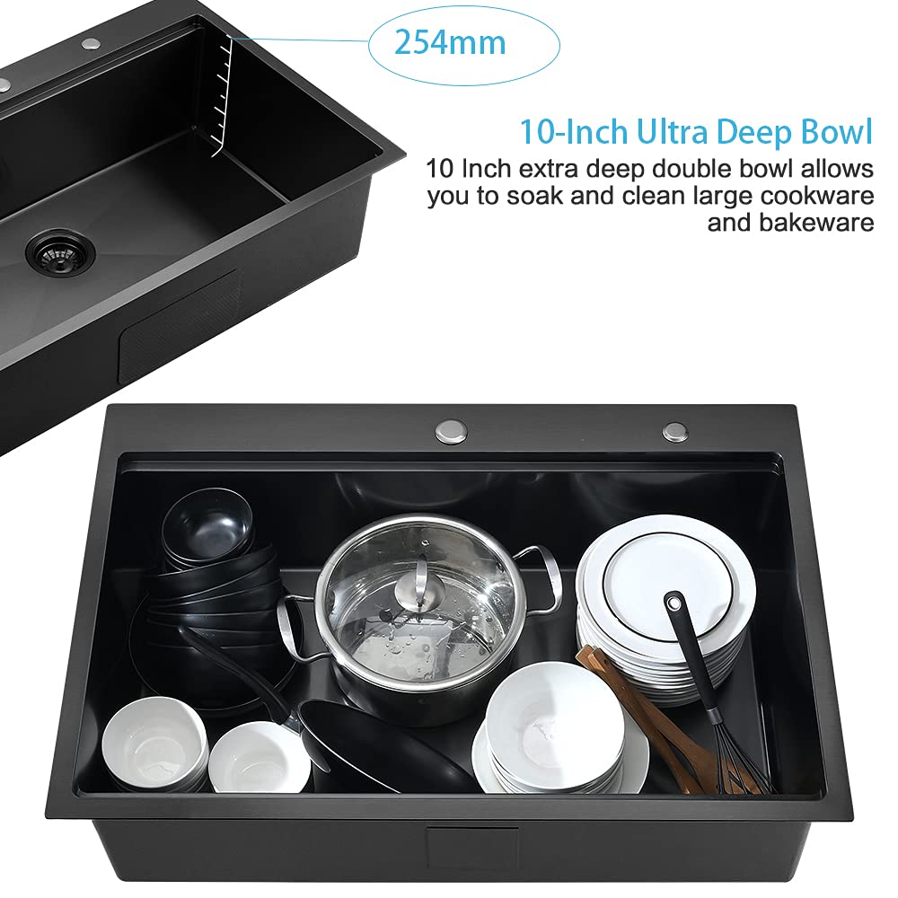 33x22 Black Drop In Kitchen Sink Workstation-WMXQX 33 Inch Drop In Kitchen Sink Black Top Mount Sinks 16 Gauge Stainless Steel Single Bowl Deep Kitchen Sink with Cutting Board