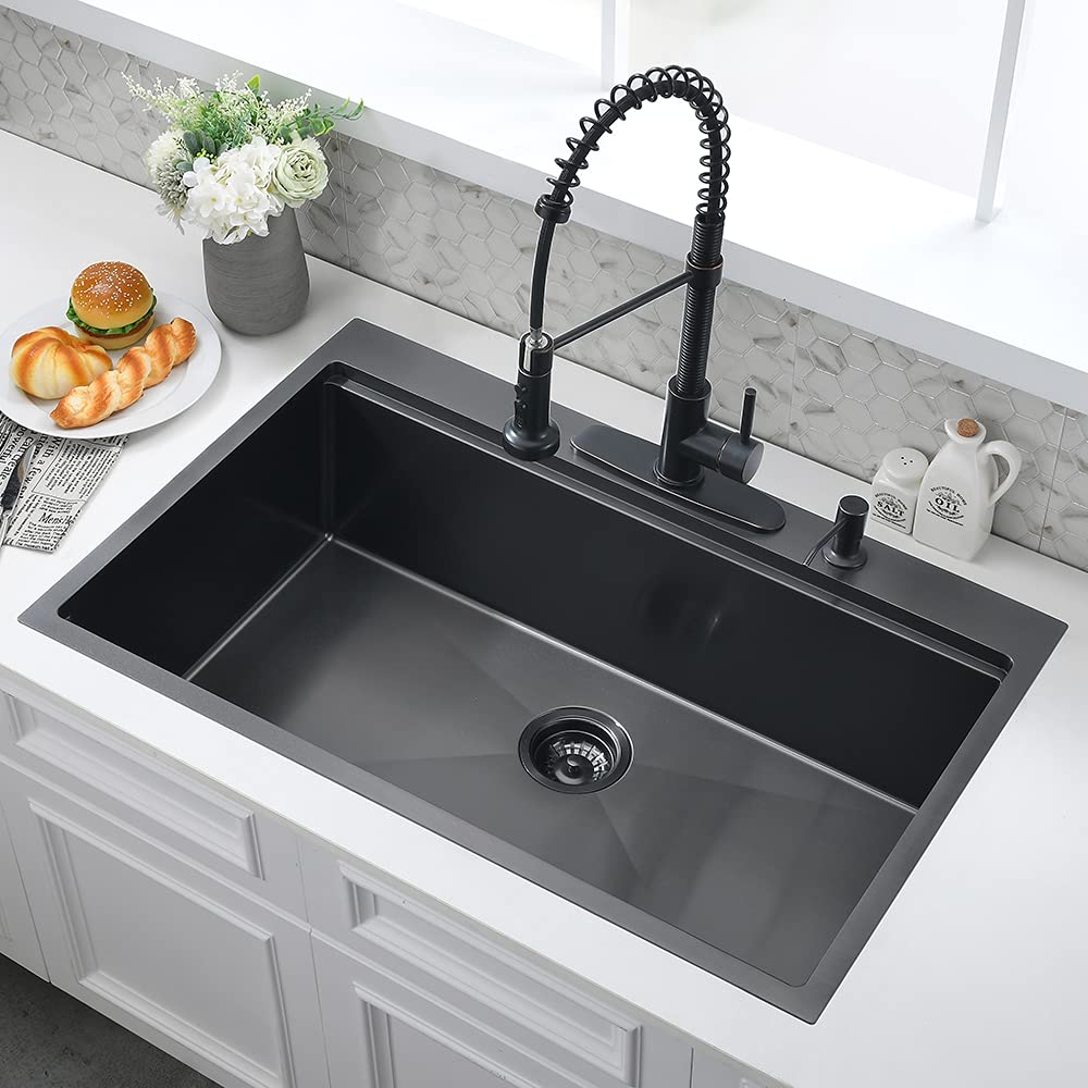 33x22 Black Drop In Kitchen Sink Workstation-WMXQX 33 Inch Drop In Kitchen Sink Black Top Mount Sinks 16 Gauge Stainless Steel Single Bowl Deep Kitchen Sink with Cutting Board