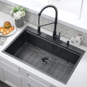 33x22 Black Drop In Kitchen Sink Workstation-WMXQX 33 Inch Drop In Kitchen Sink Black Top Mount Sinks 16 Gauge Stainless Steel Single Bowl Deep Kitchen Sink with Cutting Board