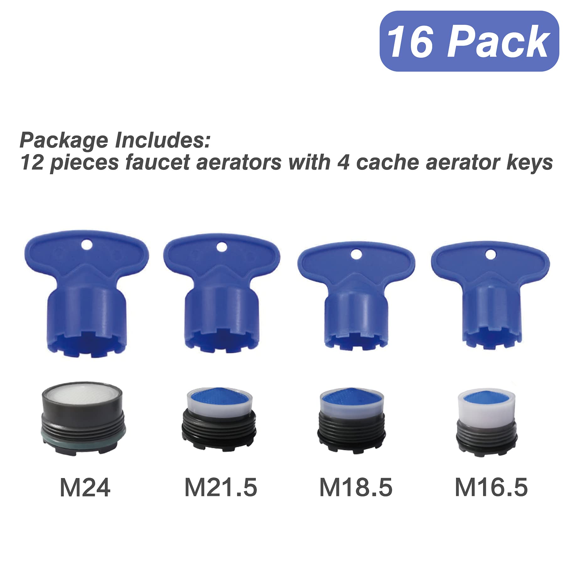 iFealClear 12 Pieces Faucet Cache Aerators with 4 Pieces Removal Wrench Tool, Water Saving Flow Restrictor Set Replacement Part, for Bathroom or Kitchen Sink, Male Threads 16.5 18.5 21.5 24