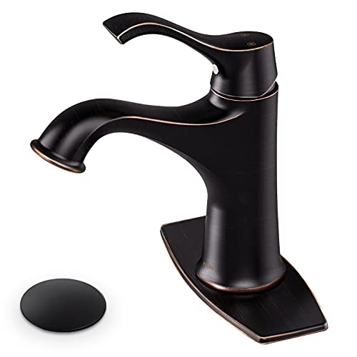 HGN Bathroom Faucet Oil Rubbed Bronze Bathroom Sink Faucet Farmhouse Spout Lavatory Vanity Deck Mount Single Handle 1 Hole Matching Pop Up Drain Stopper Supply Lines Hose