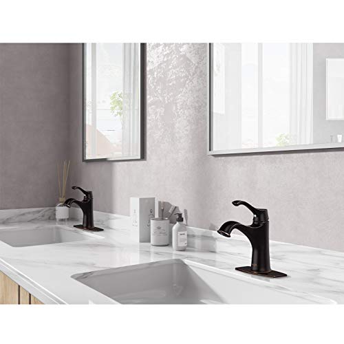 HGN Bathroom Faucet Oil Rubbed Bronze Bathroom Sink Faucet Farmhouse Spout Lavatory Vanity Deck Mount Single Handle 1 Hole Matching Pop Up Drain Stopper Supply Lines Hose