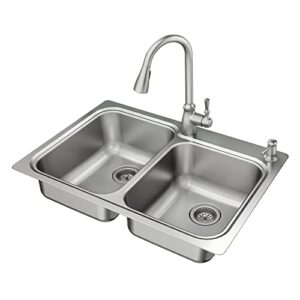 moen lainie stainless dual-mount 22-inch x 33-inch stainless steel kitchen sink with pulldown kitchen faucet and soap dispenser, all-in-one kit, 21689