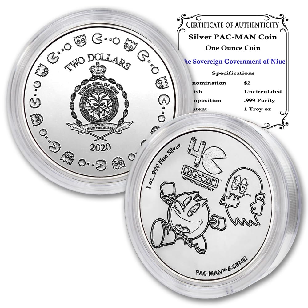 2020 1 oz Niue Silver Pac-Man 40th Anniversary Coin Brilliant Uncirculated (in Capsule) with Certificate of Authenticity $2 BU