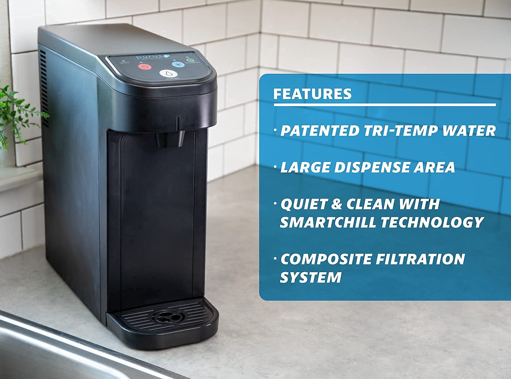 Purus Innovations Countertop Water System, Tri-Temp, Self-Cleaning with Smartchill*, for Home or Small Office. Features Patented ThermaRinse/SmartChill Technology..*Requires Drain Connection