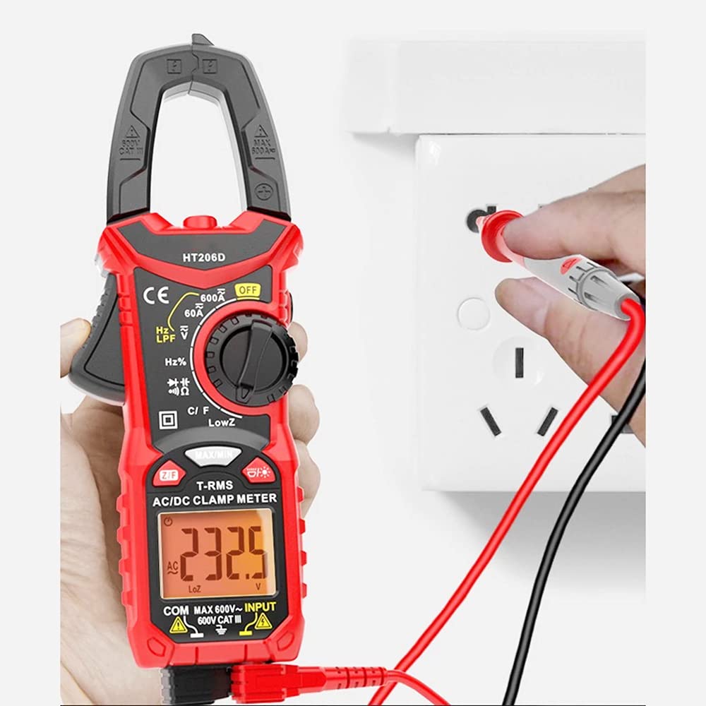 AC/DC Digital Clamp Meter T-RMS 6000 Counts, Multimeter Voltage Tester Auto-ranging, NCV AC DC Current Voltage Resistance Capacitance Frequency Diode Temperature Measure Tester HT206D