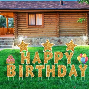 Jetec 18 Pieces Happy Birthday Yard Signs with Stakes, 16 Inches Birthday Outdoor Lawn Signs, Birthday Cake Balloon Patio Decorations, Garden Lawn Decorations for Birthday Party(Gold)