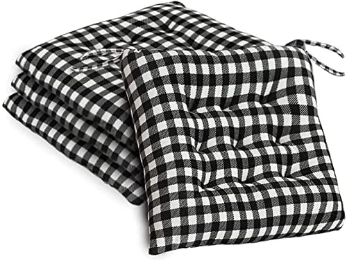 AKSTRN Black and White Plaid, Set of 4 Buffalo-Checked Chair Pads for DiningKitchen Chairs Seat Cushions for Outdoor Patio with Ties, 16 x 16 Inches Chair Cushion, 4 Pack