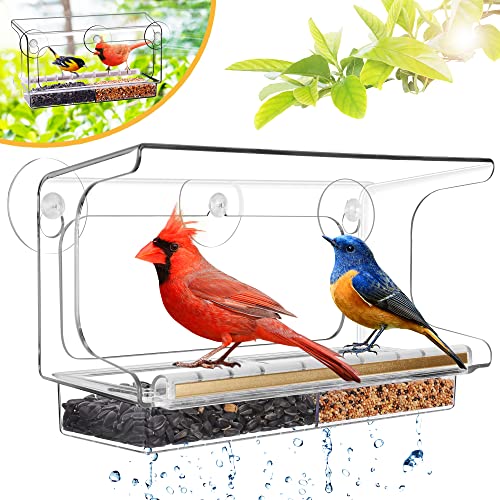 LUJII Shatterproof Window Bird Feeder with Strongest Suction Cups, Polycarbonate Window Mount Feeder with Crystal Clear View & Life-Out Tray, Fits Bigger Birds Like Cardinal or Blue Jay, Clear