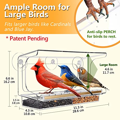 LUJII Shatterproof Window Bird Feeder with Strongest Suction Cups, Polycarbonate Window Mount Feeder with Crystal Clear View & Life-Out Tray, Fits Bigger Birds Like Cardinal or Blue Jay, Clear