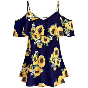 bravetoshop women's cold shoulder tops sunflower printed short sleeve blouse summer causal loose t-shirt (blue,xl)