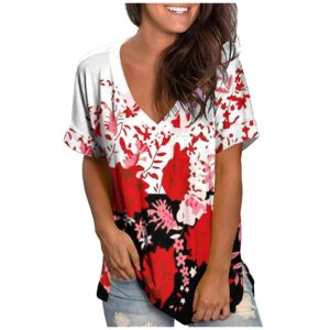 Bravetoshop T Shirt for Women Summer V Neck Short Sleeve Printed Casual Loose Fit Blouse Tops (Red,M)