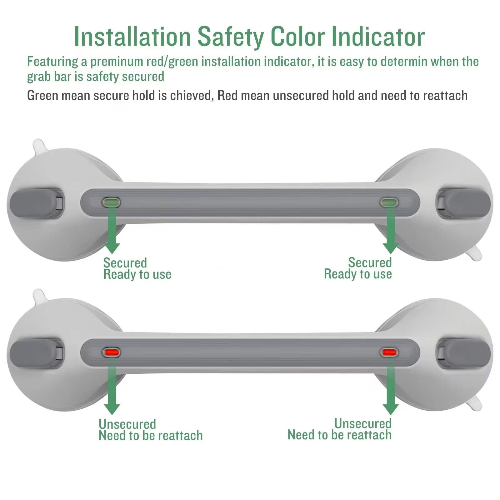 16 Inch Long Suction Grab Bar for Bathroom Indicator Light, Suction Shower Balance Assist Bar Support Rail Helping Handle for Tub Elderly Seniors Handicap Strong Suction Bathtub Grips Non Slip Sticker