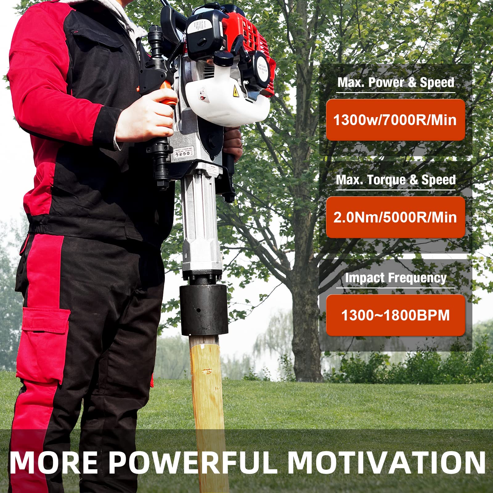 Pile Driver Hammer - JACKCHEN 2 Stroke 52CC Gas Powered T Post Driver Hammer Drills, Air Cooling Single Cylinder Gasoline Petrol Garden Fencing Tool Machine with 2 Post Driving Head