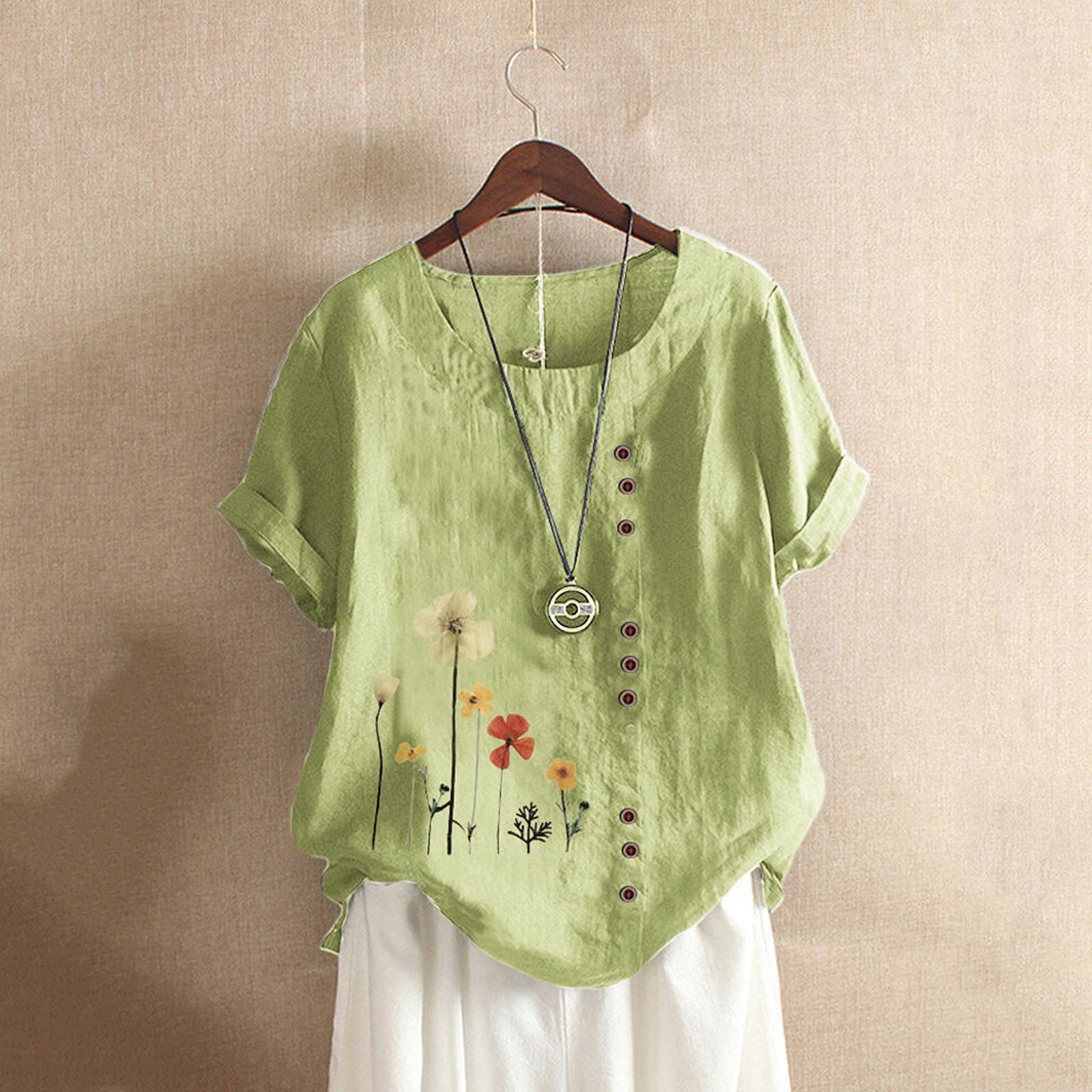 Bravetoshop Women's Short Sleeve Cotton Linen Floral Graphic Tee Tops Casual Summer T Shirts Comfy Plus Size Blouse (Green,L)