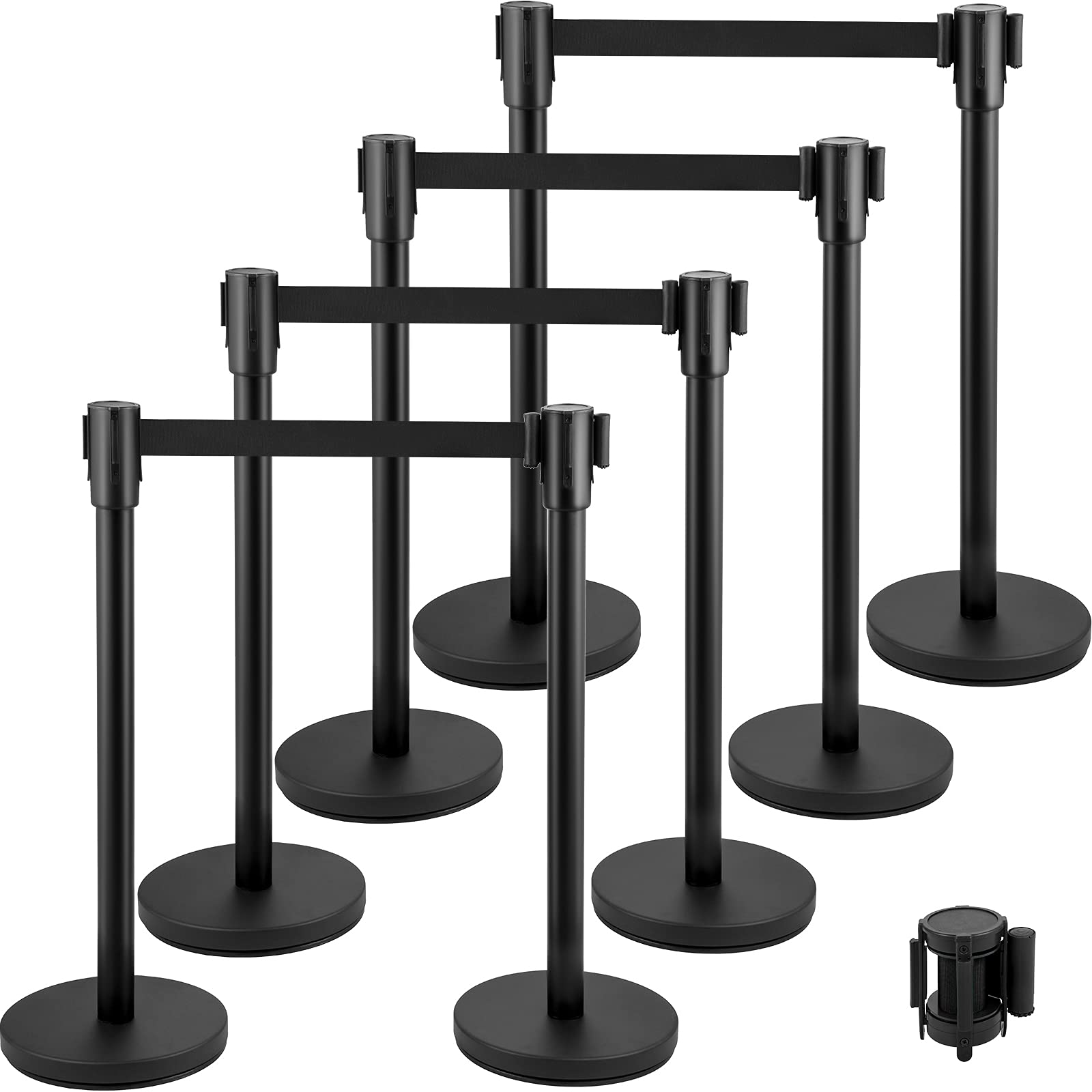 VEVOR Crowd Control Stanchion, Set of 8 Pieces Stanchion Set, Stanchion Set with 6.6 ft/2 m Black Retractable Belt, Black Crowd Control Barrier w/Concrete and Metal Base - Easy Connect Assembly