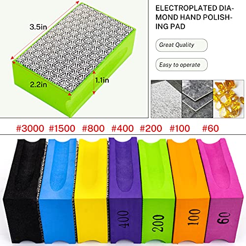 SDRTOP 7Pack Diamond Hand Sanding Pads Polishing Blocks for Granite Ceramics Marble Grit60-3000 Electroplated and Resin