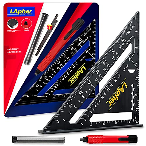 LApher 7" Imperial Units Anodic Aluminum Oxide(AAO) Triangle Rafter Square Angle Ruler Carpenter Protractor, Measuring Layout Tool with A Woodworking Pencil