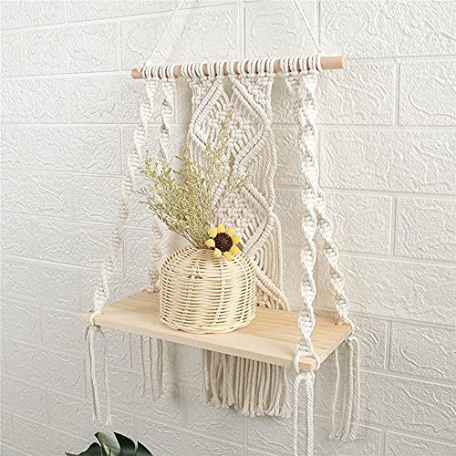 Macrame Wall Hanging Plant Decor Shelf Indoor Outdoor Floating Wood shelve Decorative Hand Made Rope Boho Shelving for Plants