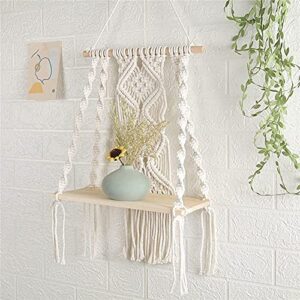 Macrame Wall Hanging Plant Decor Shelf Indoor Outdoor Floating Wood shelve Decorative Hand Made Rope Boho Shelving for Plants