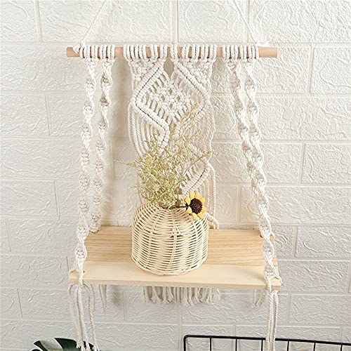 Macrame Wall Hanging Plant Decor Shelf Indoor Outdoor Floating Wood shelve Decorative Hand Made Rope Boho Shelving for Plants