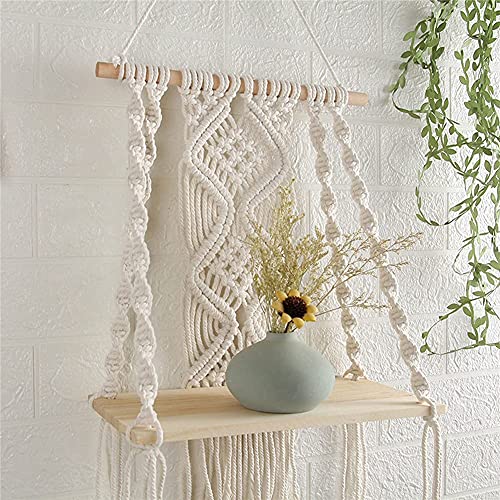 Macrame Wall Hanging Plant Decor Shelf Indoor Outdoor Floating Wood shelve Decorative Hand Made Rope Boho Shelving for Plants