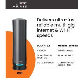 ARRIS Surfboard G36 DOCSIS 3.1 Multi-Gigabit Cable Modem & AX3000 Wi-Fi Router , Comcast Xfinity, Cox, Spectrum, Four 2.5 Gbps Ports , 1.2 Gbps Max Internet Speeds , 4 OFDM Channels