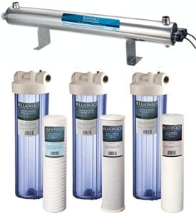 bluonics 110w uv ultraviolet light plus sediment and carbon well water clear filter purifier system with npt 1" ports, 24 gpm uv sterilizer with 3 filter size 4.5" x 20" filters
