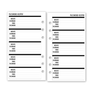 personal size password keeper planner refill, fits 6-ring binders - filofax, lv mm, kate spade, 30 sheets